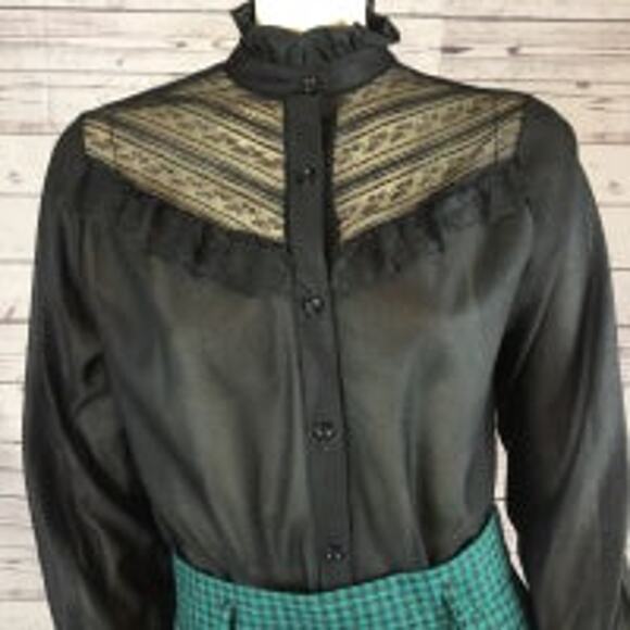 American Vintage Pretty Tops black lace & frilled blouse high neck size medium - Picture 4 of 12